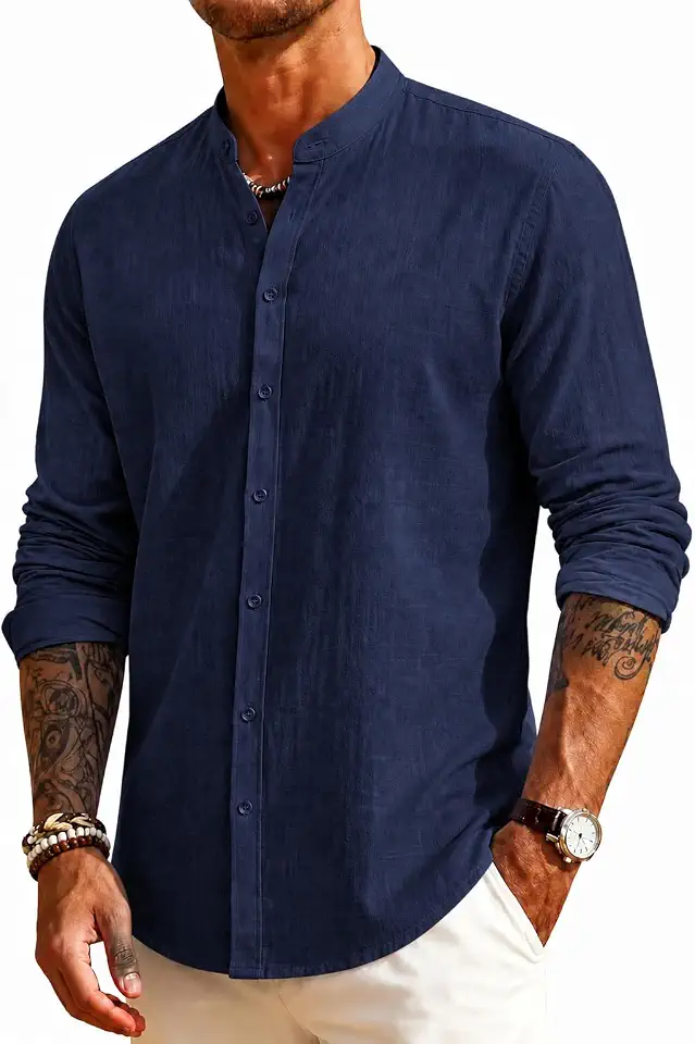 Mens Linen Band Collar Beach Shirts Casual Button Down Solid Plain Long Sleeve Hawaiian Shirts