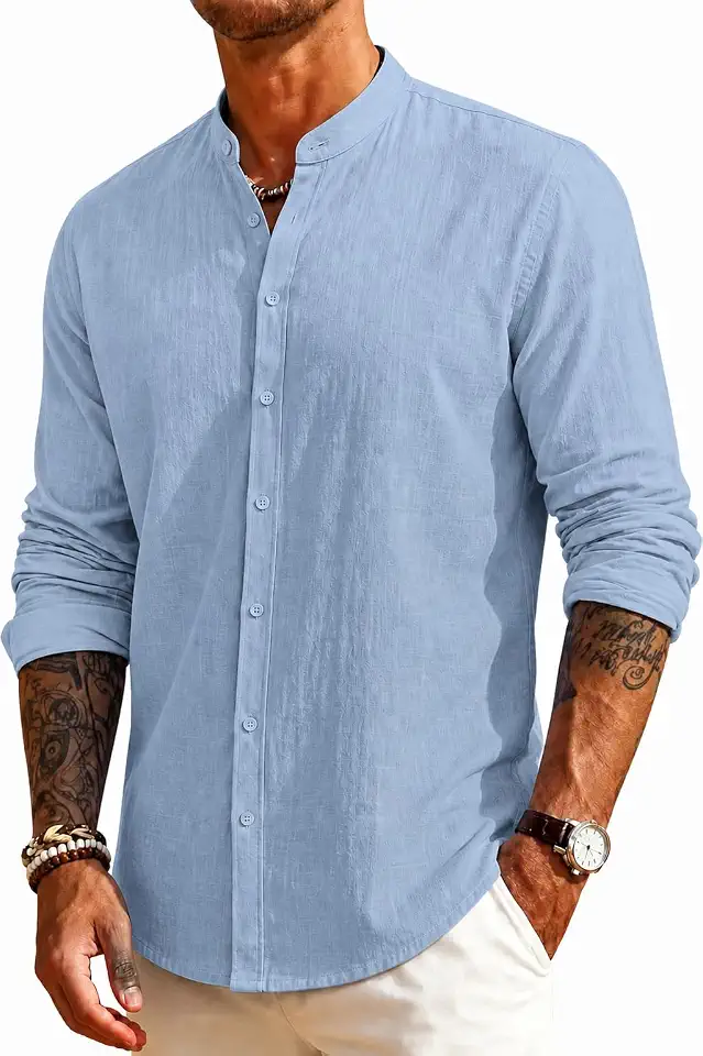 Mens Linen Band Collar Beach Shirts Casual Button Down Solid Plain Long Sleeve Hawaiian Shirts