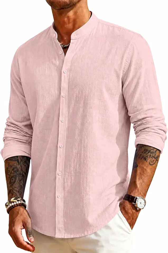 Mens Linen Band Collar Beach Shirts Casual Button Down Solid Plain Long Sleeve Hawaiian Shirts