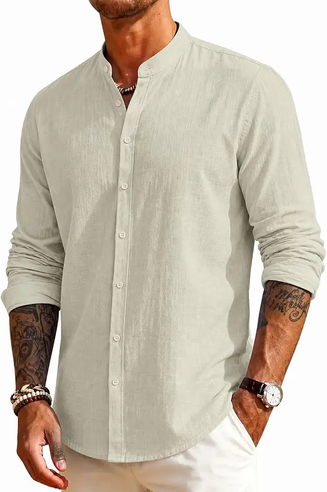 Mens Linen Band Collar Beach Shirts Casual Button Down Solid Plain Long Sleeve Hawaiian Shirts