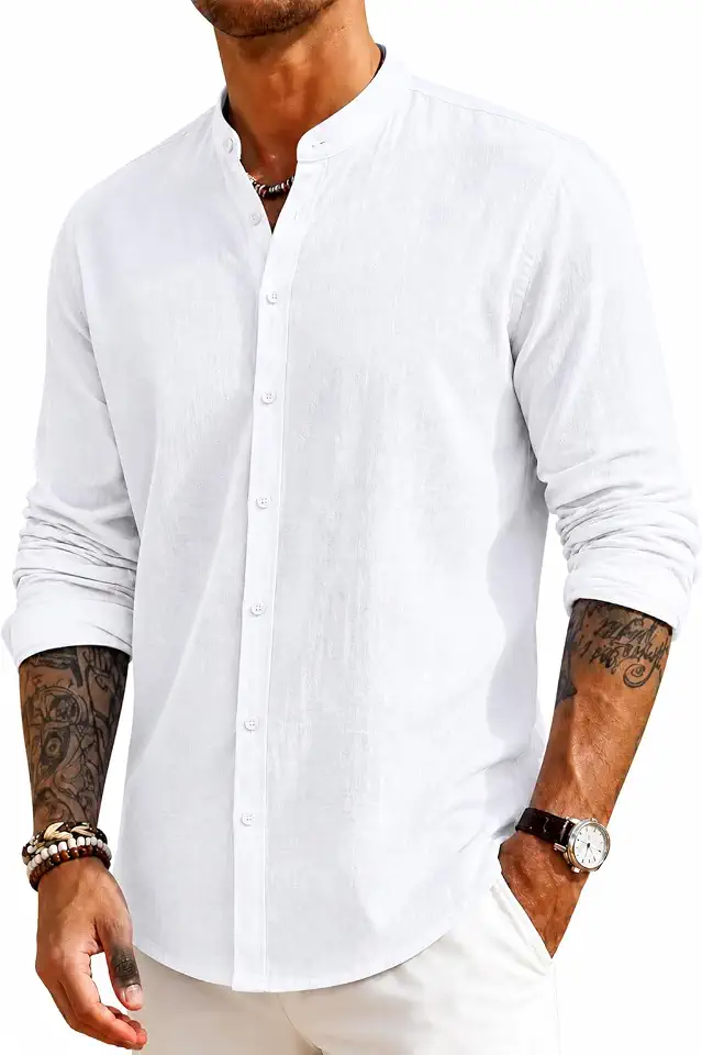 Mens Linen Band Collar Beach Shirts Casual Button Down Solid Plain Long Sleeve Hawaiian Shirts