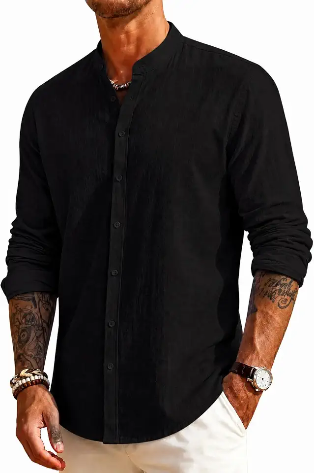 Mens Linen Band Collar Beach Shirts Casual Button Down Solid Plain Long Sleeve Hawaiian Shirts