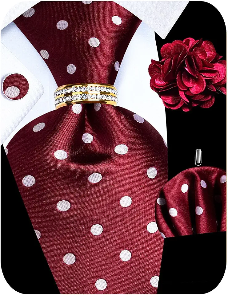 5PCS Mens Silk Designer Tie, Pocket Square, Cufflinks, Drilled Tie Ring and Lapel Pin Set for Wedding Groom Party