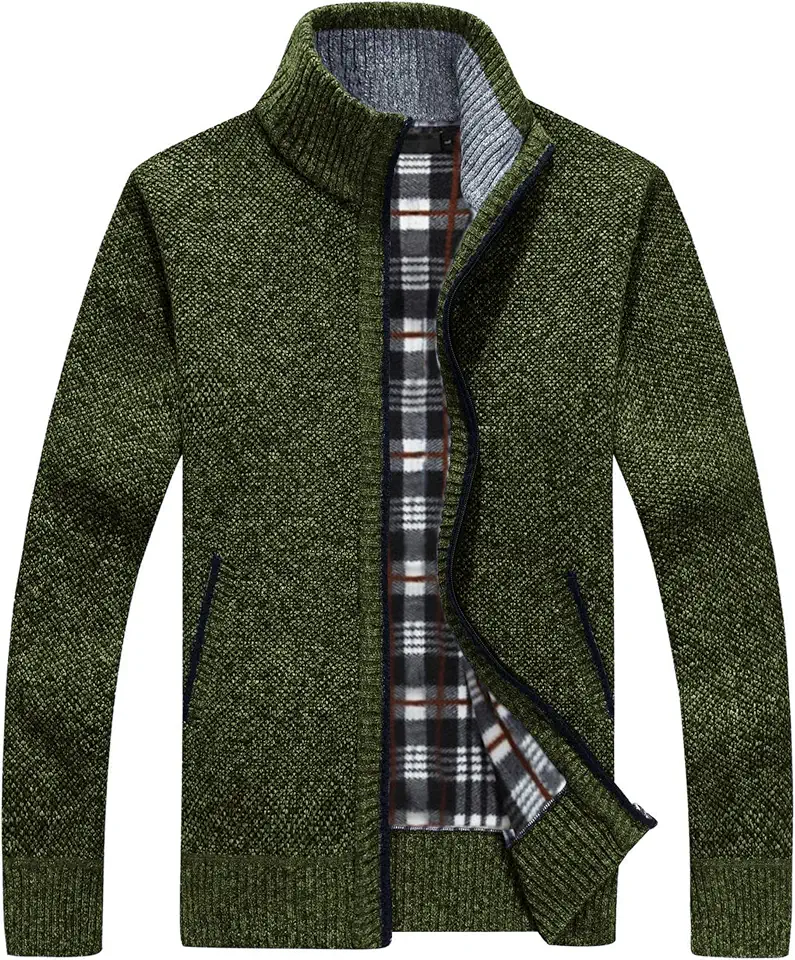 Men's Olive Waffle Knit Zip Cardigan