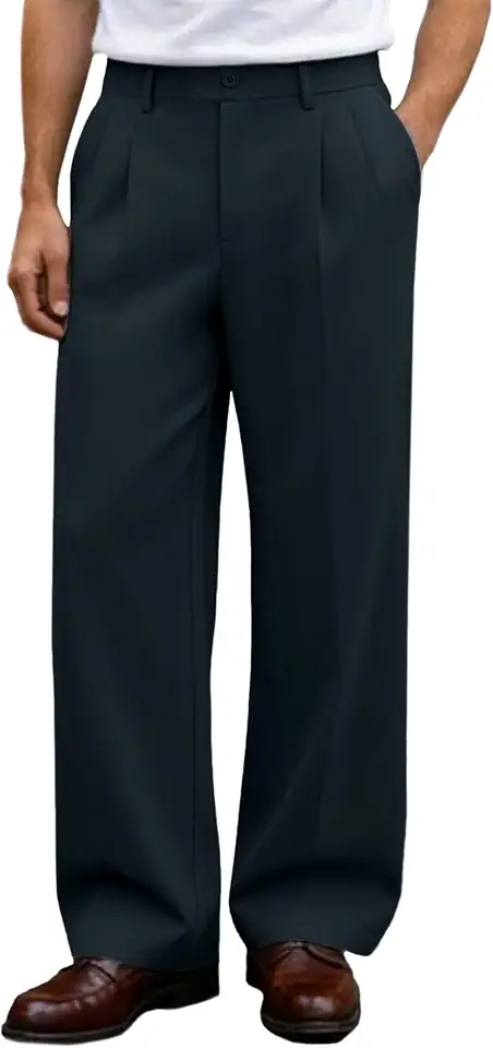 Susclude Mens Casual Dress Pants Old Money Pleated Baggy Wide Leg Slacks Vintage Stylish Relaxed Fit Work Trousers