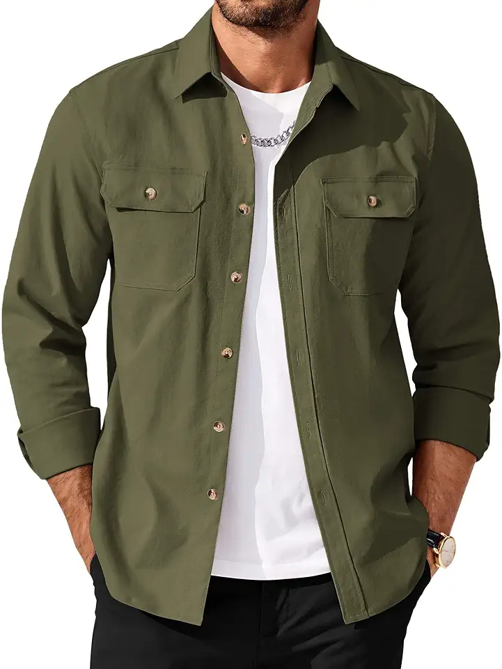 Global Recycled Standard COOFANDY Men's Long Sleeve Button Up Shirt Jacket with Flap Pockets