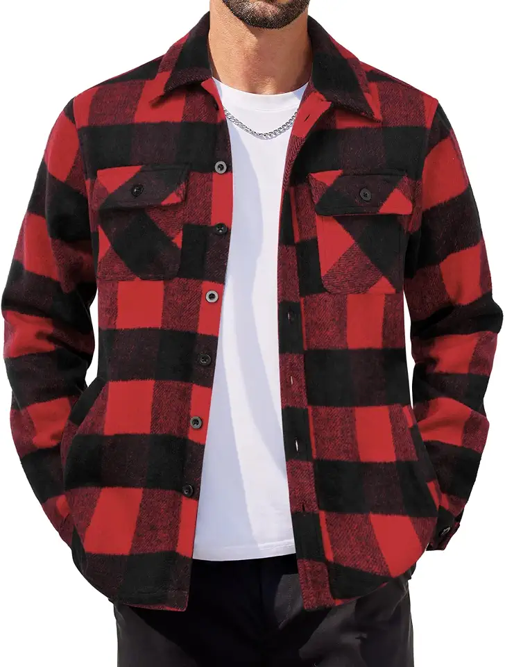 COOFANDY Mens Flannel Jacket Fleece Shacket Plaid Shirt Button Down Jackets