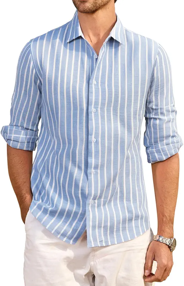 Esabel.C Men's Linen Casual Button Down Shirts Long Sleeve Striped Cotton Regular Fit Beach Wedding Shirts
