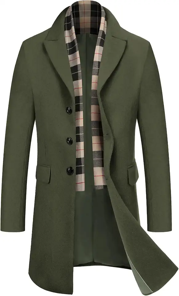 COOFANDY Men's Wool Blend Coat with Detachable Plaid Scarfs Notched Collar Single Breasted Pea Coat Trench Overcoat