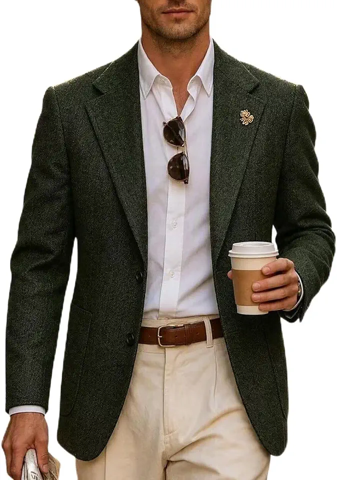 Global Recycled Standard Retro Men's Tweed Herringbone Slim Blazer Suit Jacket Casual