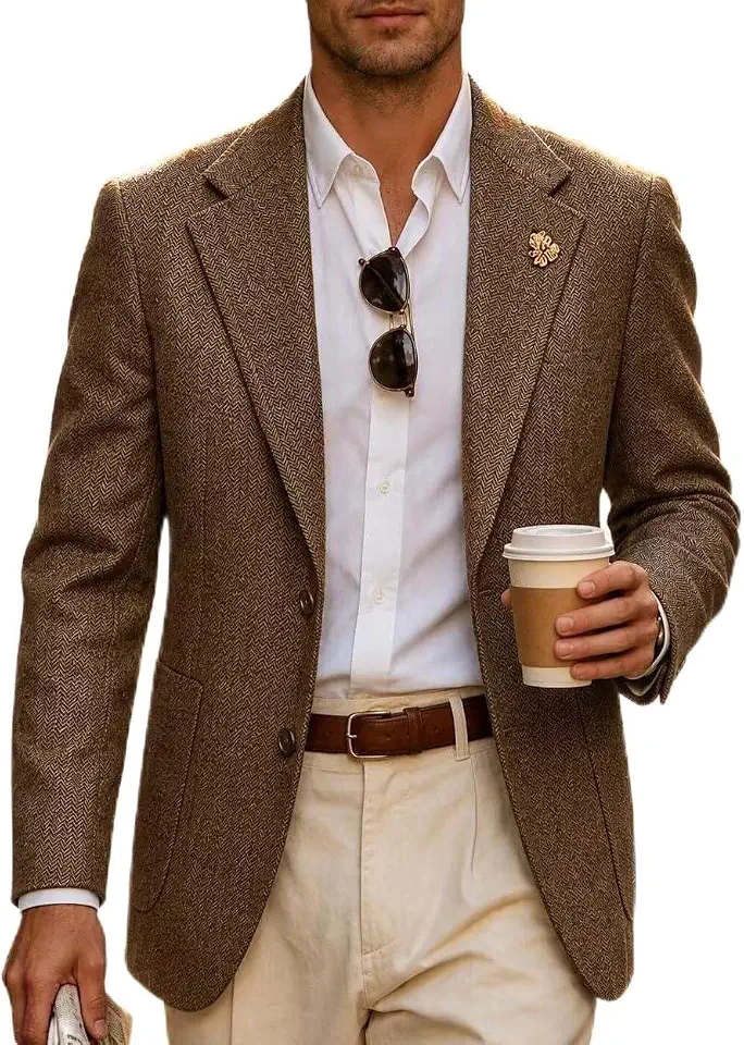 Global Recycled Standard Retro Men's Tweed Herringbone Slim Blazer Suit Jacket Casual