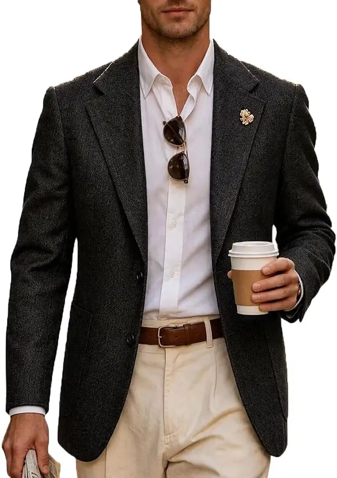 Retro Men's Tweed Herringbone Slim Blazer Suit Jacket Casual
