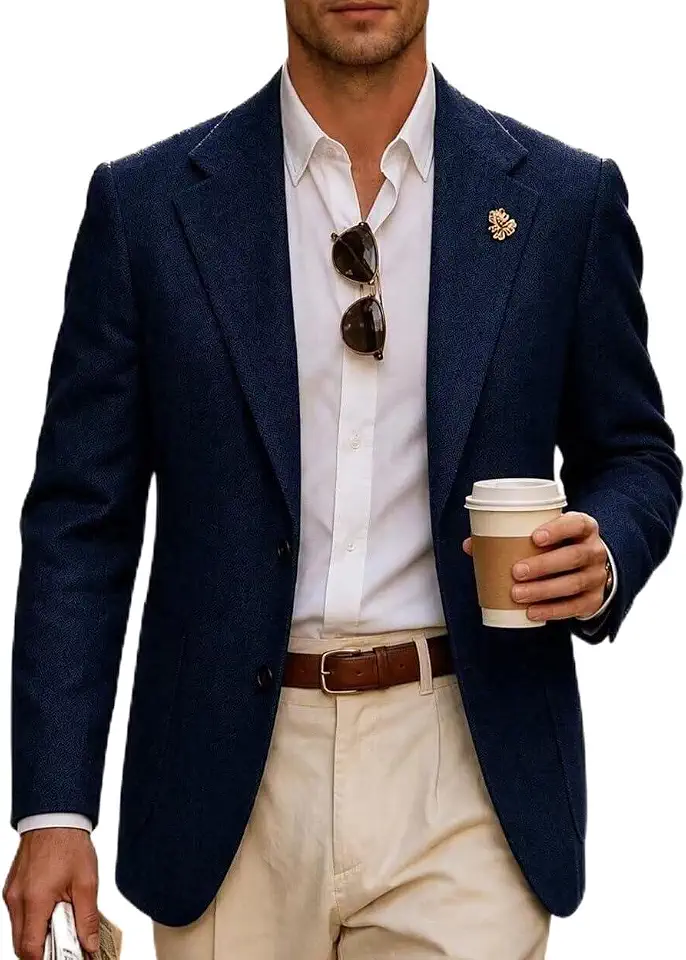 Global Recycled Standard Retro Men's Tweed Herringbone Slim Blazer Suit Jacket Casual