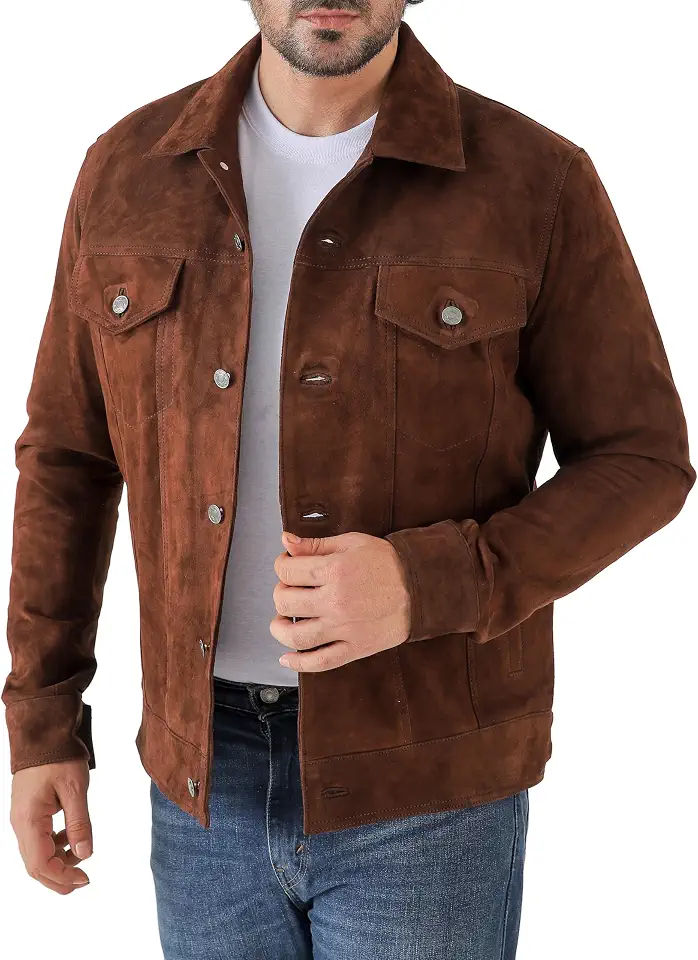 Jild Classic Trucker Fashion Leather Jacket Men - Premium Suede Leather Shirt Style Coat Jacket
