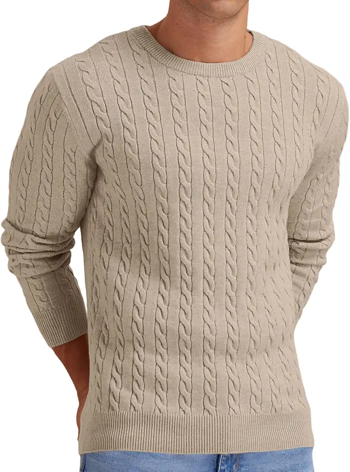 Askdeer Men's Pullover Sweater Crewneck Cable Knit Long Sleeve Sweater Classic Soft Knitted Sweaters with Ribbing Edge