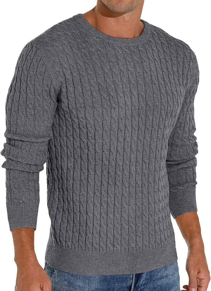 Askdeer Men's Pullover Sweater Crewneck Cable Knit Long Sleeve Sweater Classic Soft Knitted Sweaters with Ribbing Edge