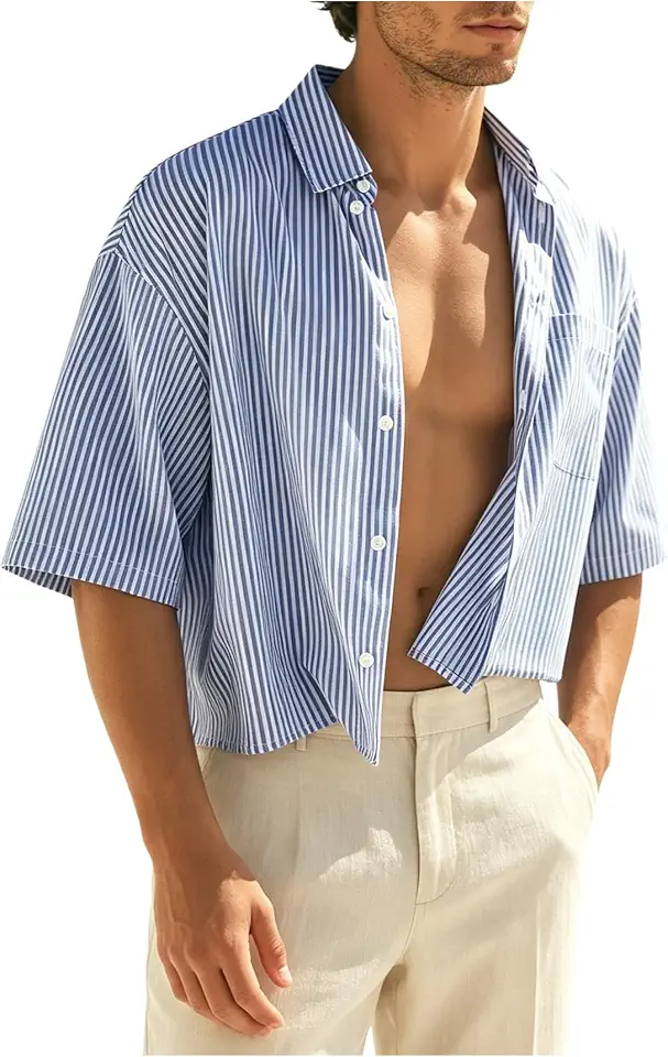 GORGLITTER Men's Striped Cropped T Shirt Button Down Up Y2k Short Sleeve Collar Oversized Tops