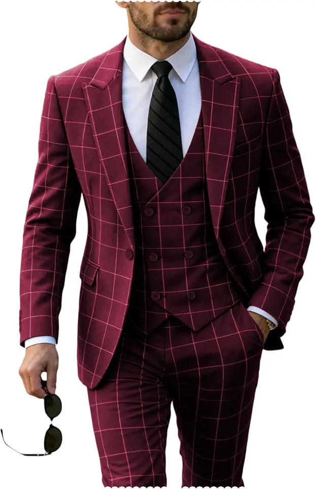 Mens Suit Plaid Tuxedos Business Suits Slim Fit Double Breasted