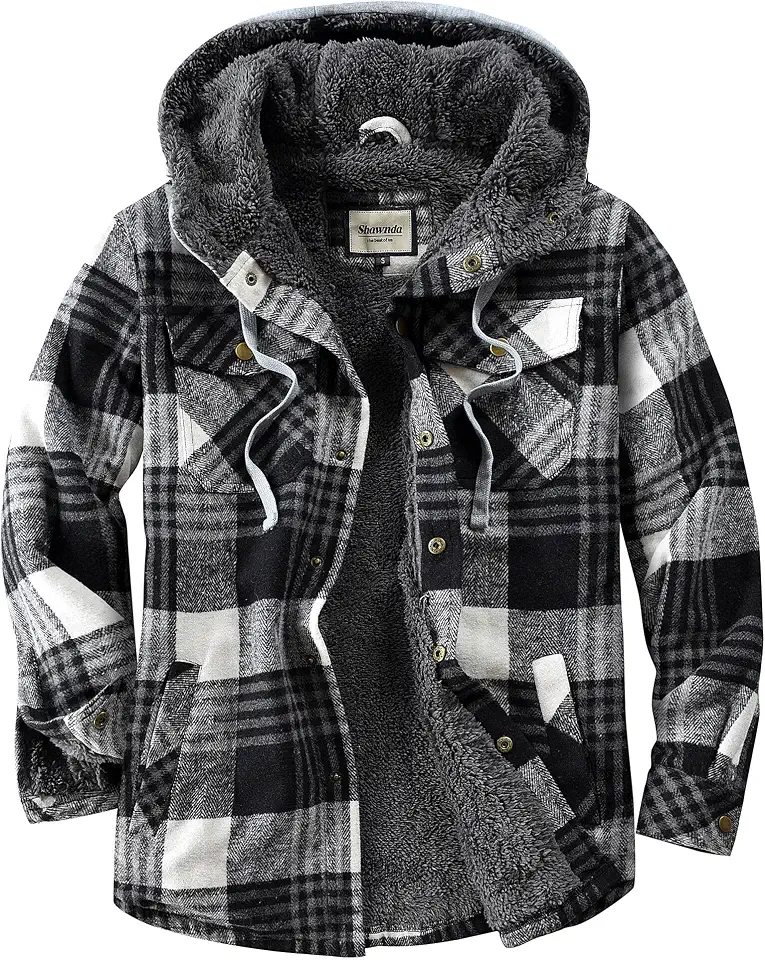 Shawnda Mens Hooded Sherpa Button Down Flannel Shirt Jacket