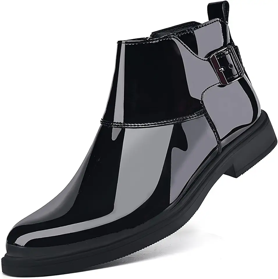 Men's Patent Leather Pointed Toe Dress Chelsea Boots Adjustable Buckle Inner Zipper Ankle Boots Casual Formal Business Booties