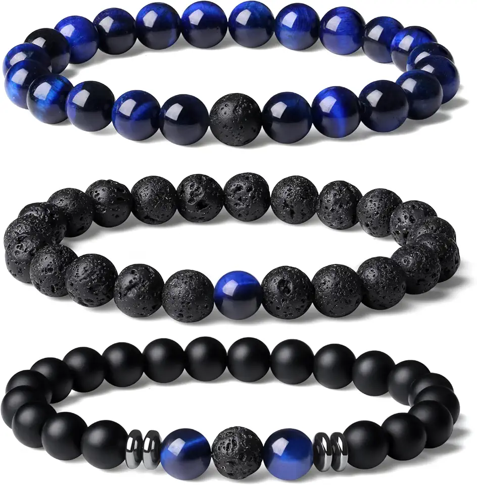 Mens Beaded Bracelets, 8MM Beaded Bracelets for Men, Natural Tiger Eye Bead Bracelet, Stretch Elastic Beads Bracelets for Men
