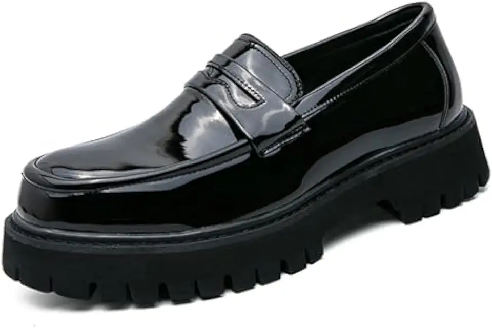 Men's Leather Platform Chunky Slip-On Penny Loafers Classic Round Toe Lug Sole Business Casual Formal Work Shoes