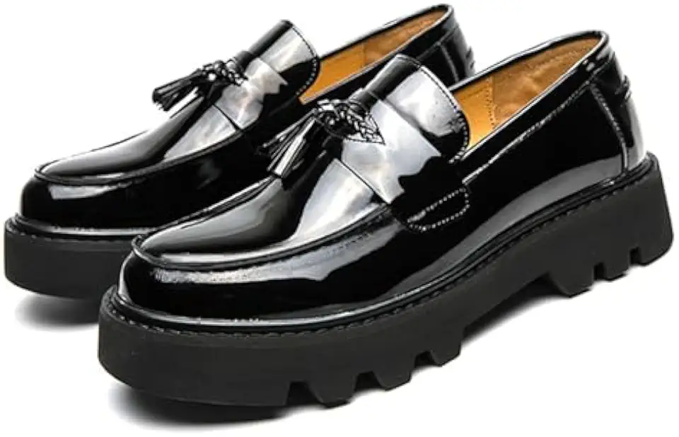 Men's Black Soft Patent Leather Platform Chunky Heel Loafers Fashion Tassel Business Casual Formal Work Shoes Non-Slip Lug Sole Slip-On Penny Loafers