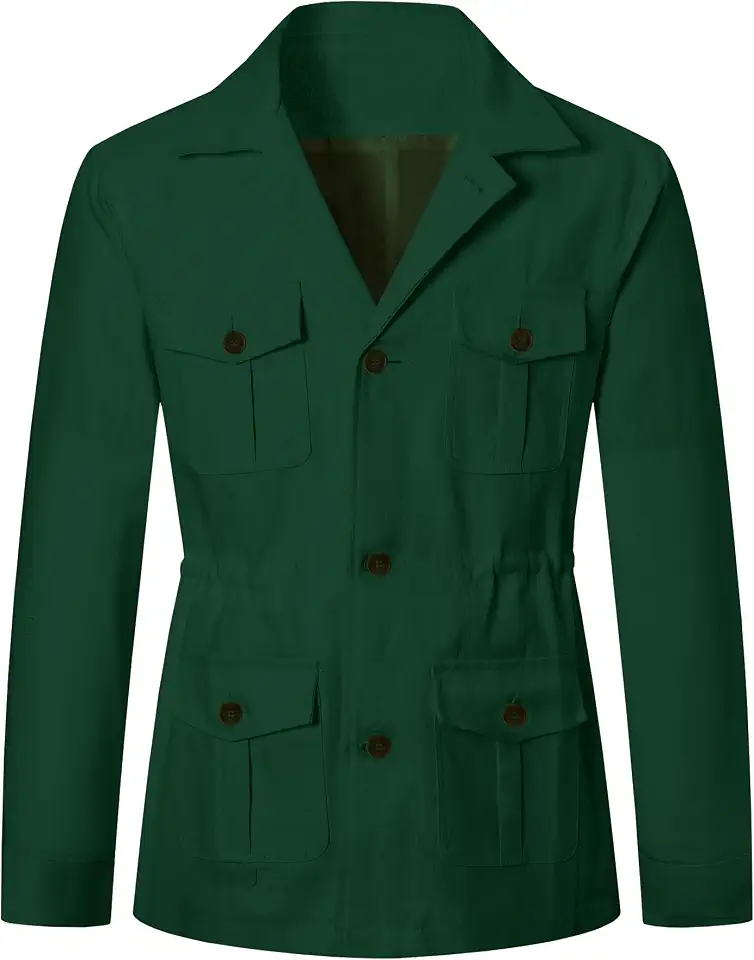 Betusline Men's Safari Linen Long Sleeve Military Cargo Jacket
