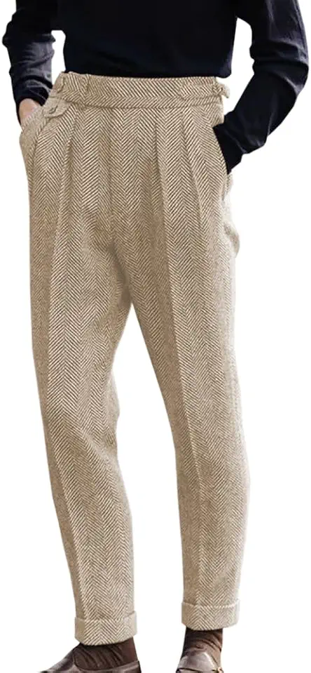 Men's Beige Pleated Gurkha Dress Pants
