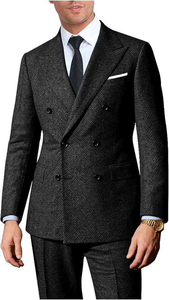 Global Recycled Standard Retro 2 Pieces Suit Men Tweed Herringbone Tuxedo Jacket Pants Set