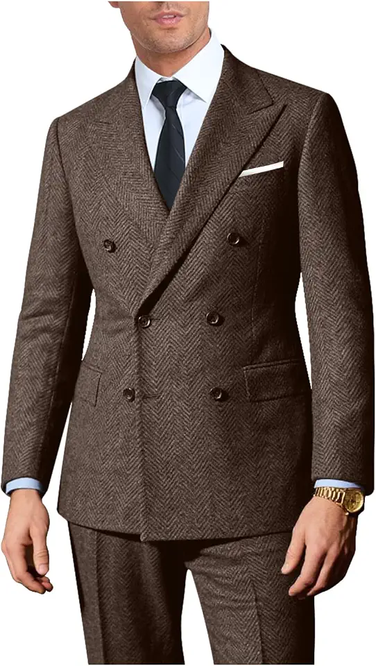 Global Recycled Standard Retro 2 Pieces Suit Men Tweed Herringbone Tuxedo Jacket Pants Set