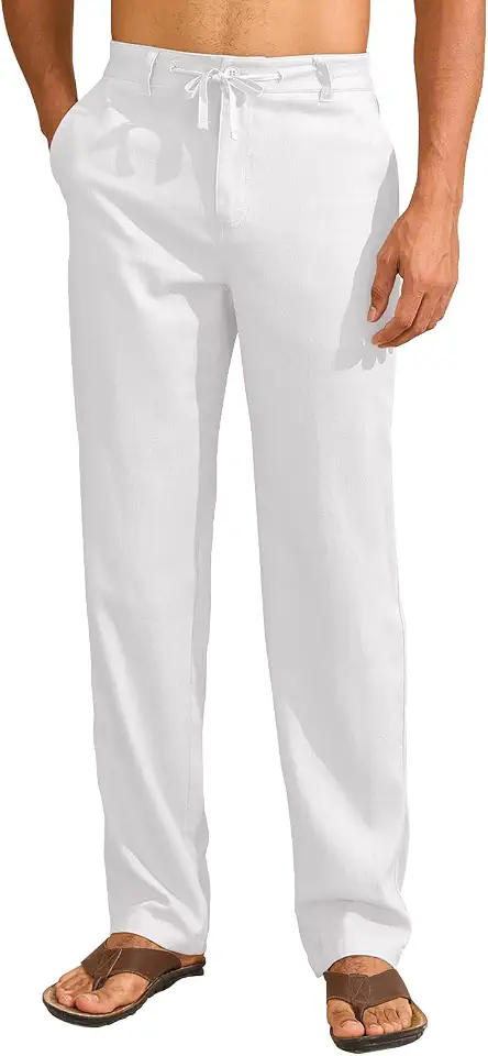 Uusollecy Men's Linen Pants, Drawstring Beach Trousers