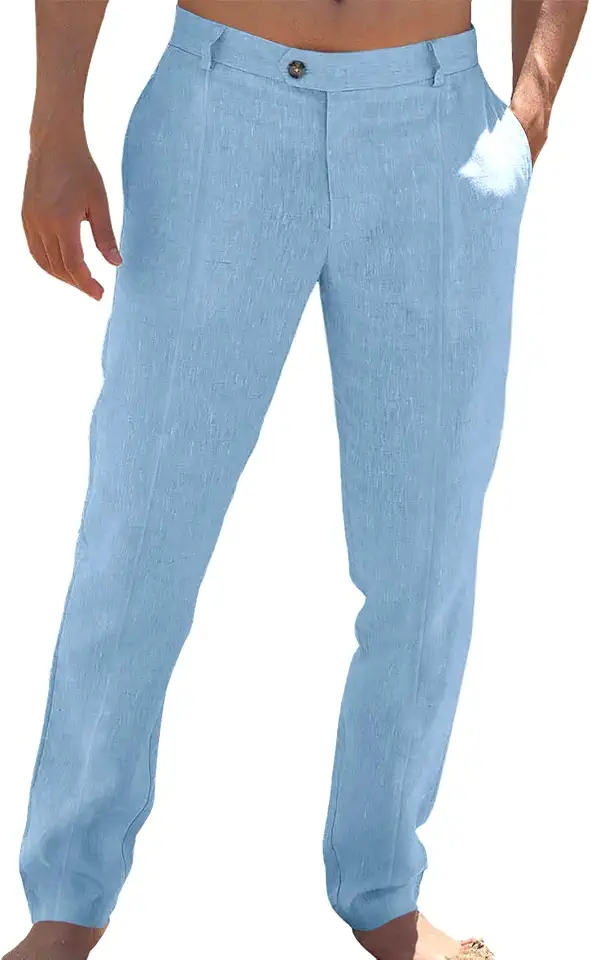 Runcati Mens Cotton Linen Casual Pants Dress Elastic Waist Trousers Slacks