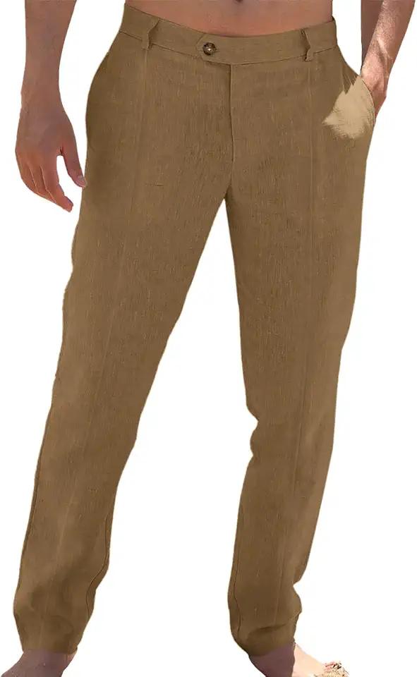 Runcati Mens Cotton Linen Casual Pants Dress Elastic Waist Trousers Slacks