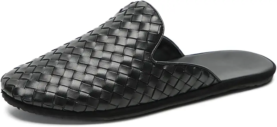 Santimon Men's Woven Leather Mules Slide Sandals –Lightweight Slip-On Dress Casual Clogs Shoes for Business Trip & Travel, Stylish Open Back Slippers