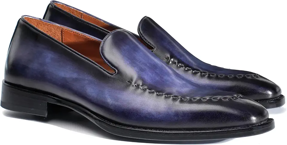 Men's Hand-Dyed Genuine Leather Slip-On Loafers with Full-Grain Leather Soles, Classic Square-Toe Casual Dress Shoes