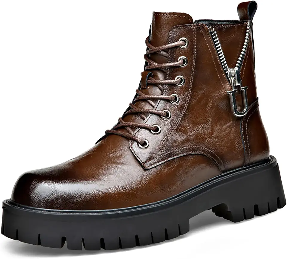 Men'S Genuine Leather Platform Combat Boots Fashion Lace Up Side Zipper Lug Sole Non-Slip High Top Motorcycle Boots Comfort Outdoor Waterproof Soft Sole Work Ankle Booties