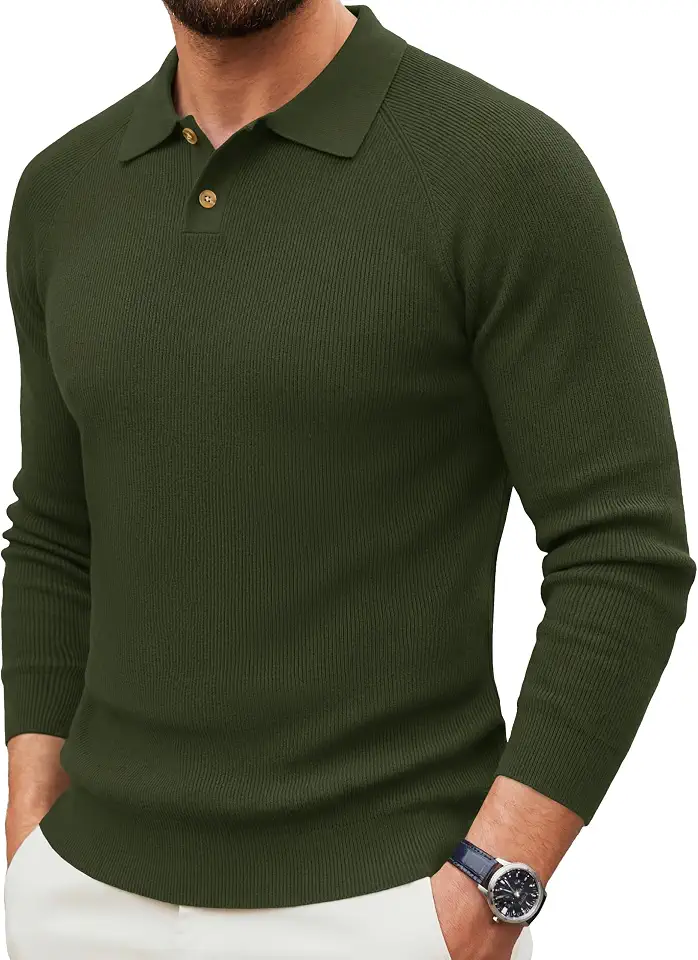MAGNIVIT Mens Long Sleeve Knit Polo Shirts Casual Raglan Sleeve Sweater