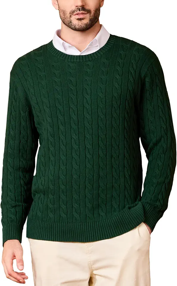 Kallspin Mens Crew Neck Sweater Pullover Pure Cotton Cable Knit Long Sleeve Knitwear Casual Classic Style
