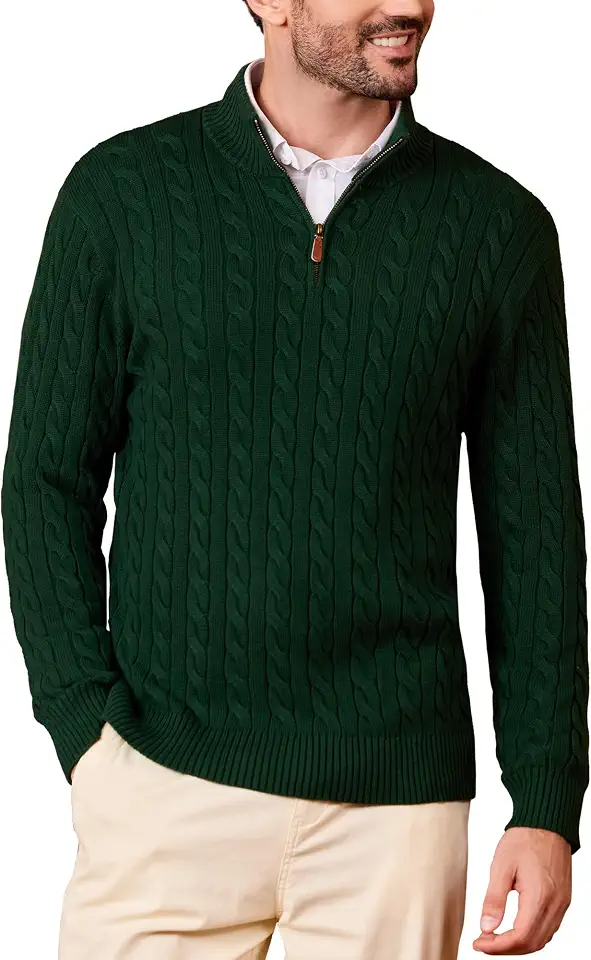 Kallspin Men's Quarter Zip Sweater Pullover Pure Cotton Cable Knit Long Sleeve Business Casual Knitwear