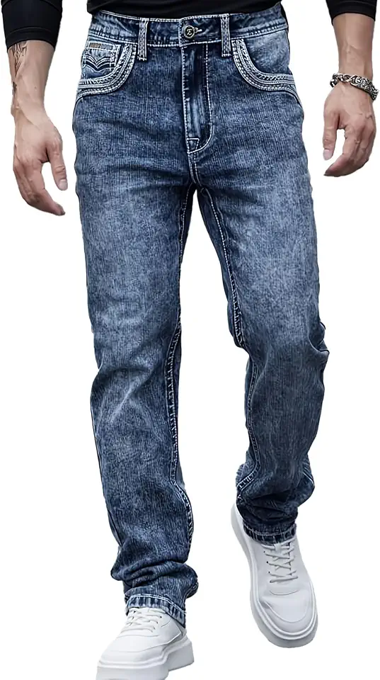 Men's Jeans Regular Fit Straight Jeans with Embroidery | Stretch Straight Leg Jeans with Embroidery, Soft & Durable Denim Pants for All Seasons & Occasions