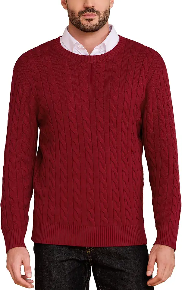 Kallspin Mens Crew Neck Sweater Pullover Pure Cotton Cable Knit Long Sleeve Knitwear Casual Classic Style