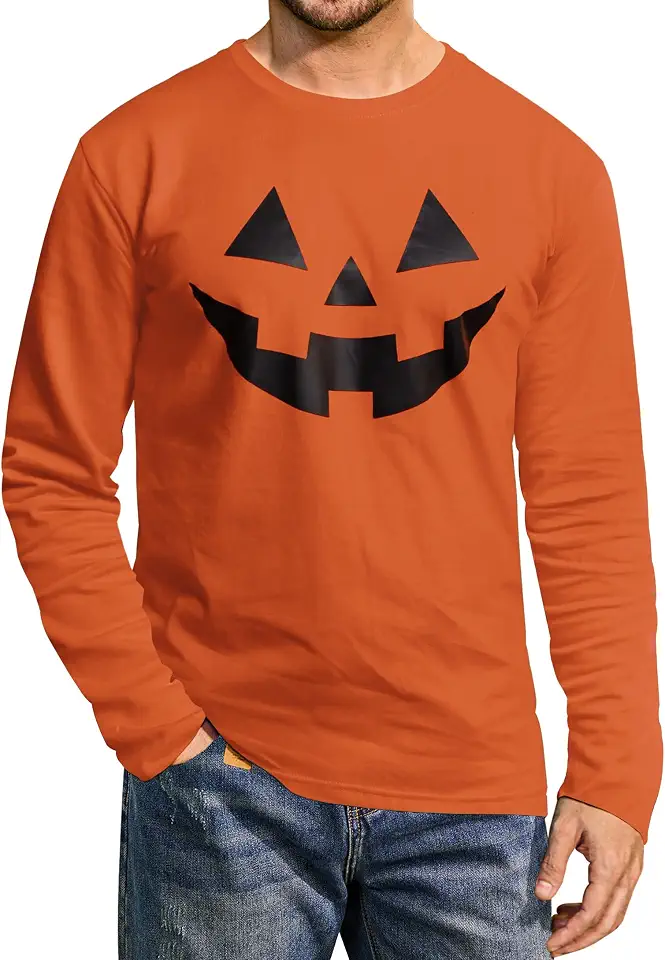Mainfini Men's Halloween T-Shirt Skeleton Jack O' Lantern Cotton Long Sleeve Shirts (S-3XL)
