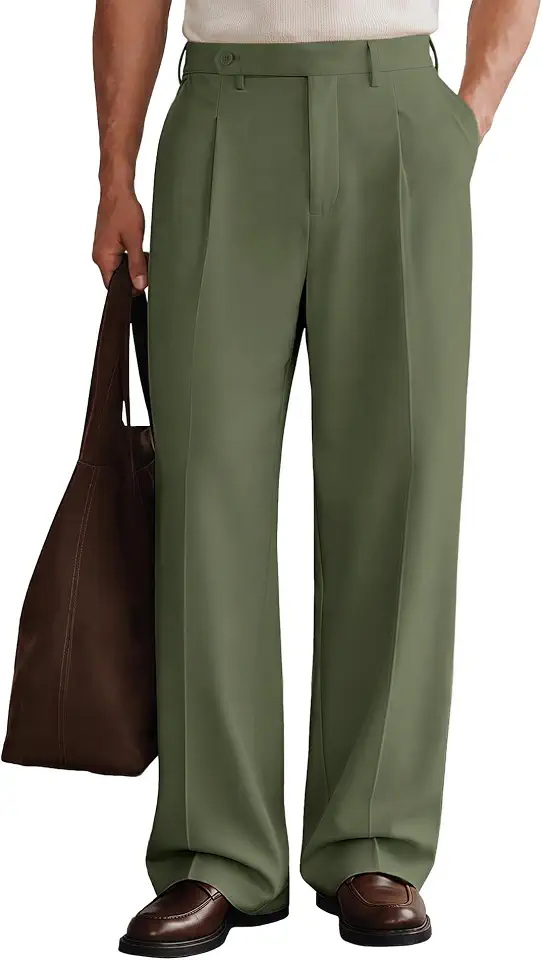 Susclude Mens Casual Dress Pants Pleated Old Money Wide Leg Baggy Pants Fall Relaxed Fit Slacks Work Trousers