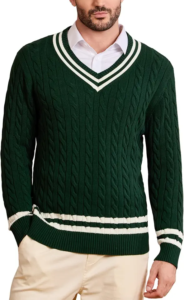 Kallspin Mens V Neck Sweater Pullover Pure Cotton Cable Knit Preppy College Style Knitwear Long Sleeve