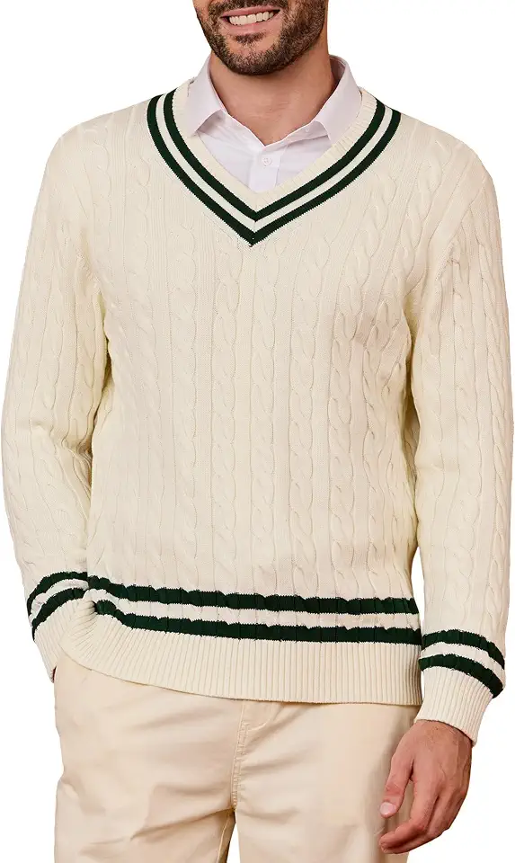 Kallspin Mens V Neck Sweater Pullover Pure Cotton Cable Knit Preppy College Style Knitwear Long Sleeve
