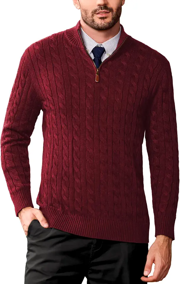 Global Recycled Standard Kallspin Mens Quarter Zip Sweater Wool Blend Cable Knit Pullover Relaxed Fit Long Sleeve Casual Business Knitwear Winter Top