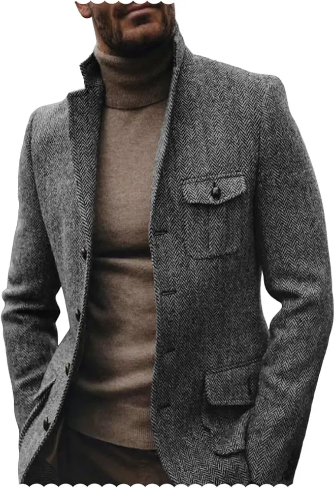 Men's Herringbone Tweed Blazer Wool Blend Sport Coat Wedding