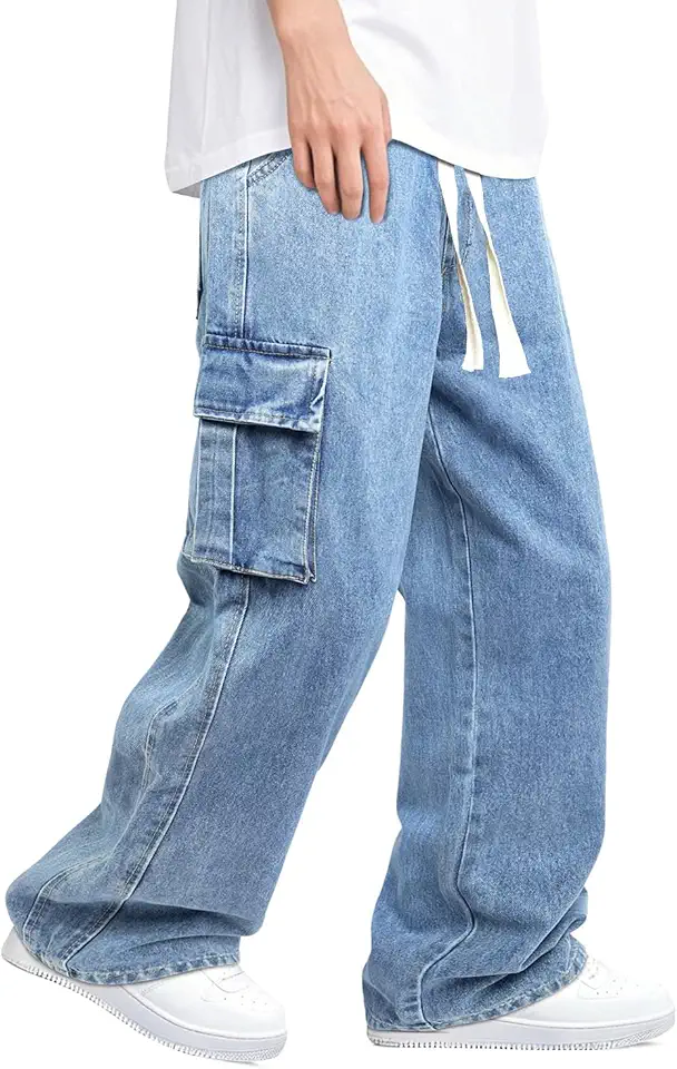 Heyfanee Mens Baggy Jeans Elastic Waisted Denim Pants for Men with Drawstring Streetwear