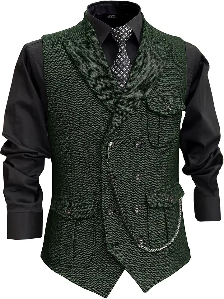Men's Tweed Vest Double Breasted Formal Herringbone Lapel Wedding Waistcoat